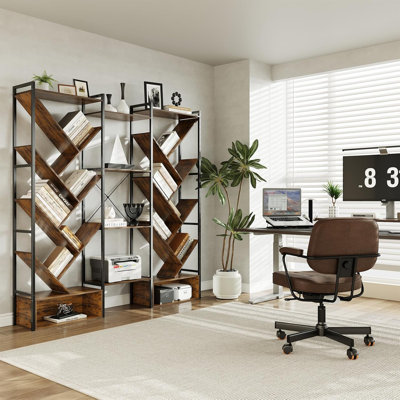 Triple bibliothèque à 5 niveaux pour arbre avec 20 tablettes ouvertes, grande bibliothèque en bois pour le salon, le bureau personnel ou le vestibule
