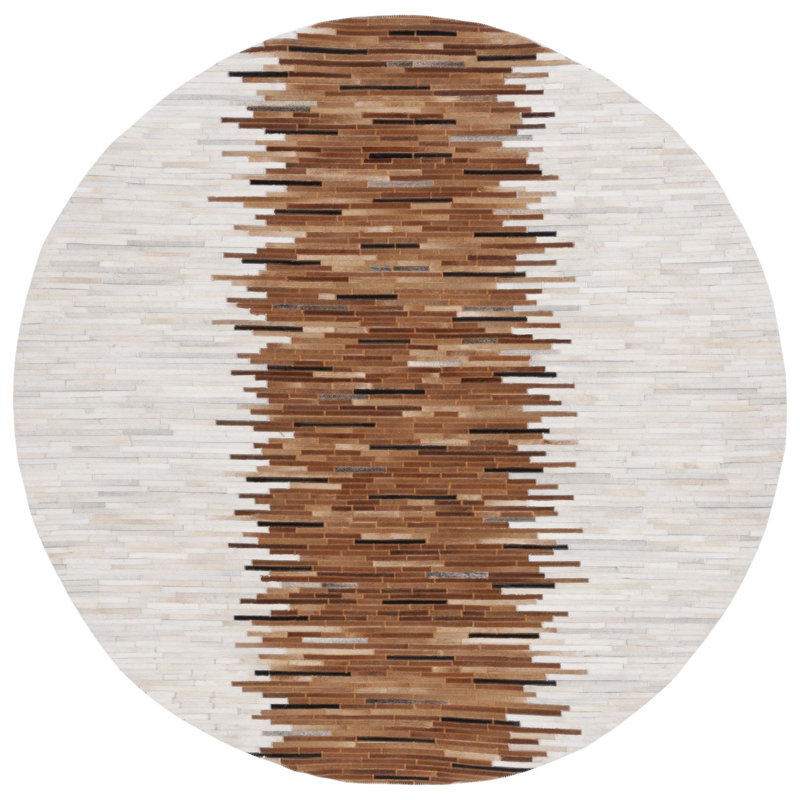 Tapis abstrait ivoire / brun en cuir feutré tissé à la main Seavey, Rond 6 pi