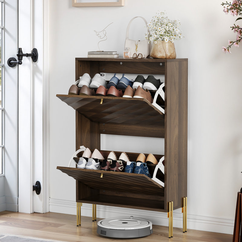 Freestanding 23.6 Inch Mid - Century Modern Walnut Shoe Cabinet For Entry, Two Drawers With Adjustable Partitions And Gold Hallway, Layers Metal Round Handles