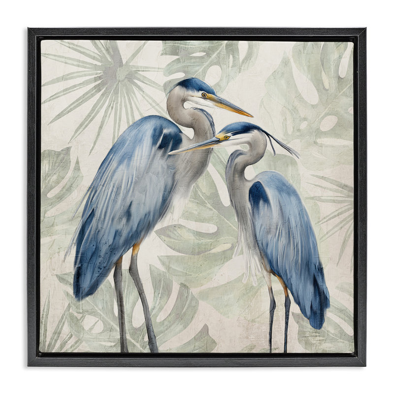 "Blue Heron Palm Leaves", art mural par Kim Allen, Cadre flottant noir de jais, H 18 po x l 18 po