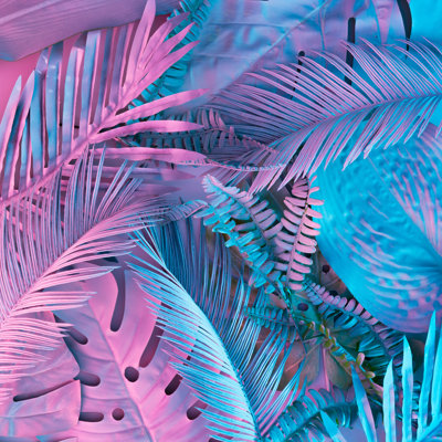 Tropical And Palm Leaves In Vibrant Bold Gradient Holographic Neon Colours. Concept Art. Minimal Surrealism Background. - Wrapped Canvas Print