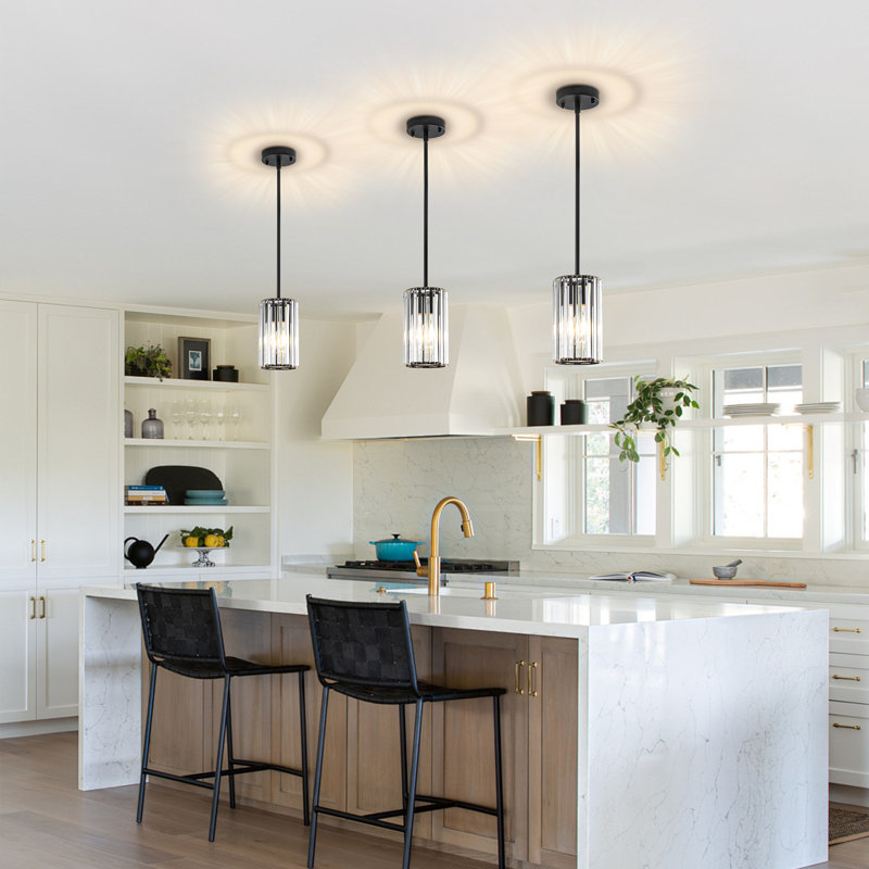 1-Light Modern Crystal Single Pendant Light With Adjustable Height , Matte Black