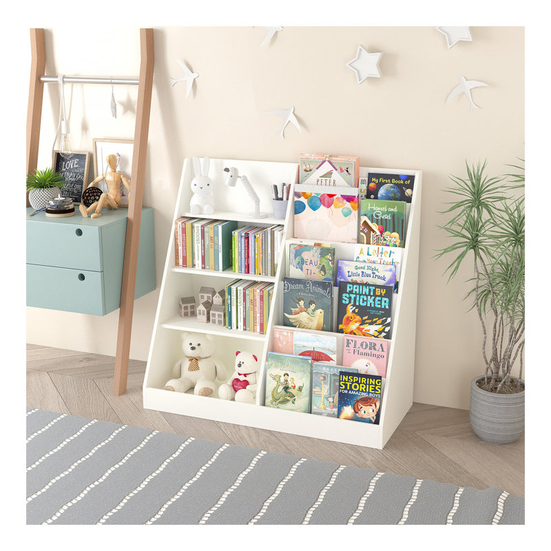 Bookshelf and Toy Storage Organizer, Multifunctional 4 Tier Wooden  Book Shelf with  Bookcase Display Stand in  Room Playroom Nursery for , ren, Toddlers
