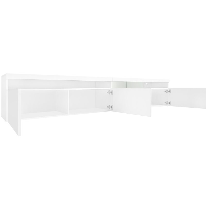 Meuble télé polyvalent, 2 tablettes en verre, blanc, avec lumières DEL réglables