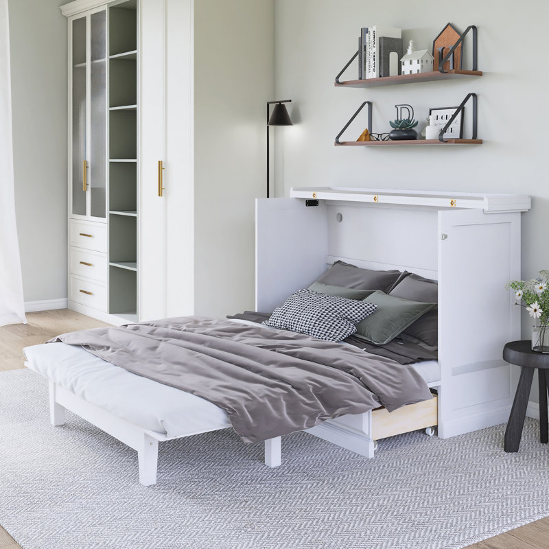 Lit escamotable en bois massif avec station de charge, tiroirs, Blanc, Lit double