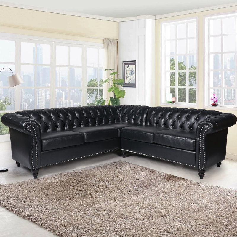Faraaz Upholstered Faux Leather Chesterfield Sectional, Black
