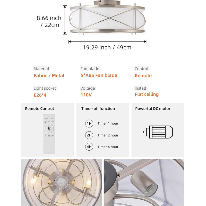 Silver Flush Mount Boho Ceiling Fan With Lights, 20" Caged Rattan Ceiling Fans With Light And Remote, Enclosed With 6 Speeds For Living Room, Bedroom, Nursery