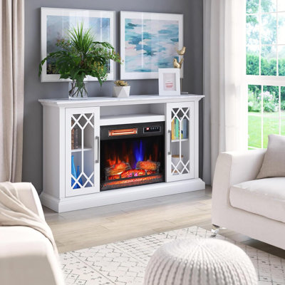 Electric Fireplace Farmhouse Media Console With Glass Doors,Bright White – Fireplace TV Stand / Wood / Farmhouse