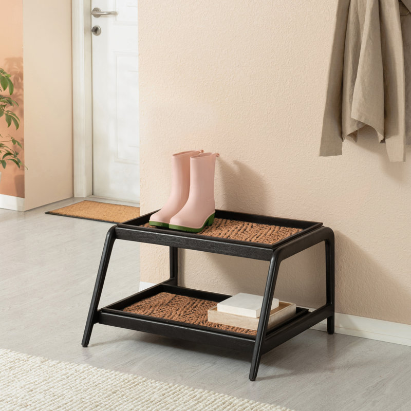 Premium Solid Wood Boot Tray Stand with Natural Coir Mat - Entryway & Mudroom Shoe Organizer, Black, 22" W x 26.5" L, Tier 2