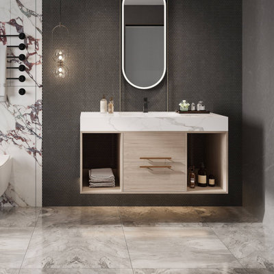 Meuble-lavabo flottant 39,4 po avec lavabo en céramique, 2 tiroirs à fermeture en douceur et plateau en ardoise