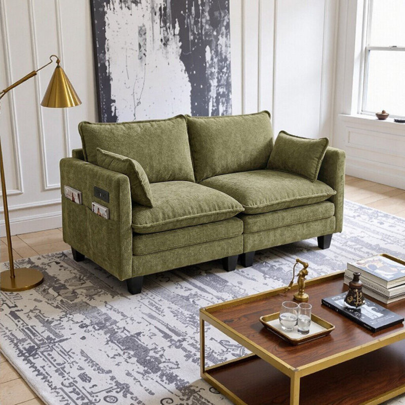 Canapé moderne en chenille vert moderne - canapé compact à 2 places avec deux ports de chargement USB et poches latérales, parfait pour les petits espaces