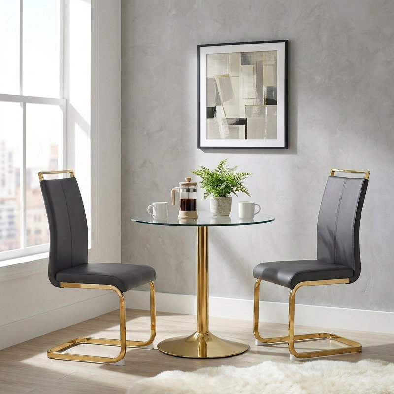 Amari 3-Piece Modern Round Tempered Glass Dining Set with Metal Pedestal and Cantilever Chairs, Dark Gray, Gold