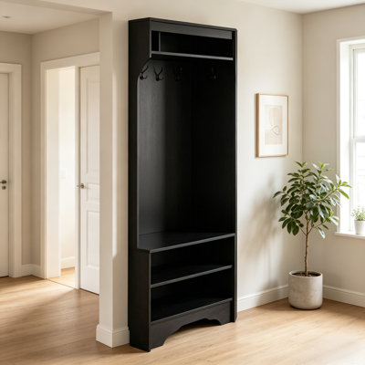 A Minimalist Black Corner Living Room Tree With A Shoe Bench, Four Hooks, And Adjustable Shelves; Suitable For Both Entryways And Living Rooms.