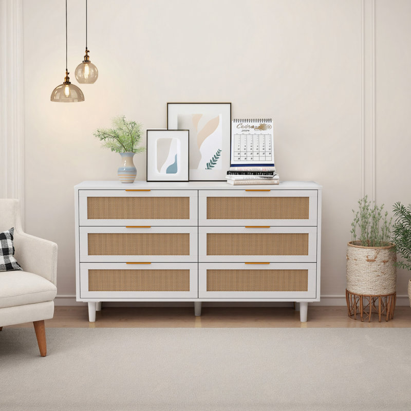 51.18"6-Drawers Rattan Storage Cabinet Rattan Drawer,For Bedroom,Living Room, White