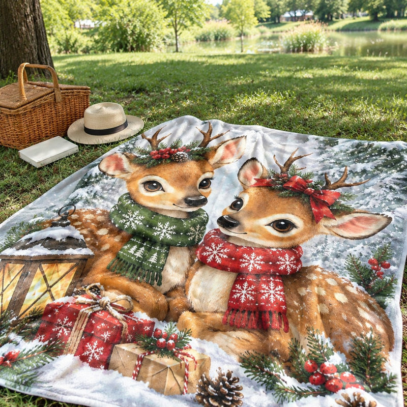 Cute Reindeer Winter Snow Scene Print Blanket, Cozy Decorative Plush Throw for Sofa Couch Bed Home Living Room All‑Season Soft Fleece Throw Blanket