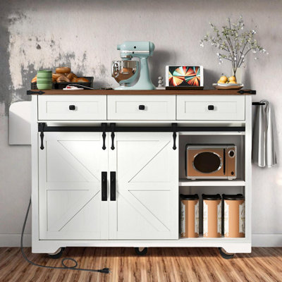 Farmhouse Kitchen Island with Power Outlet, Sliding Barn Doors, Drop Leaf, Spice Rack, Rolling Wheels