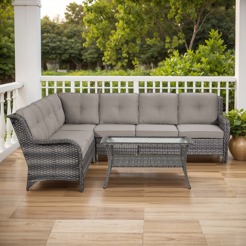 Ensemble de conversation modulaire en rotin pour 6 personnes avec coussins, Gris, Gris