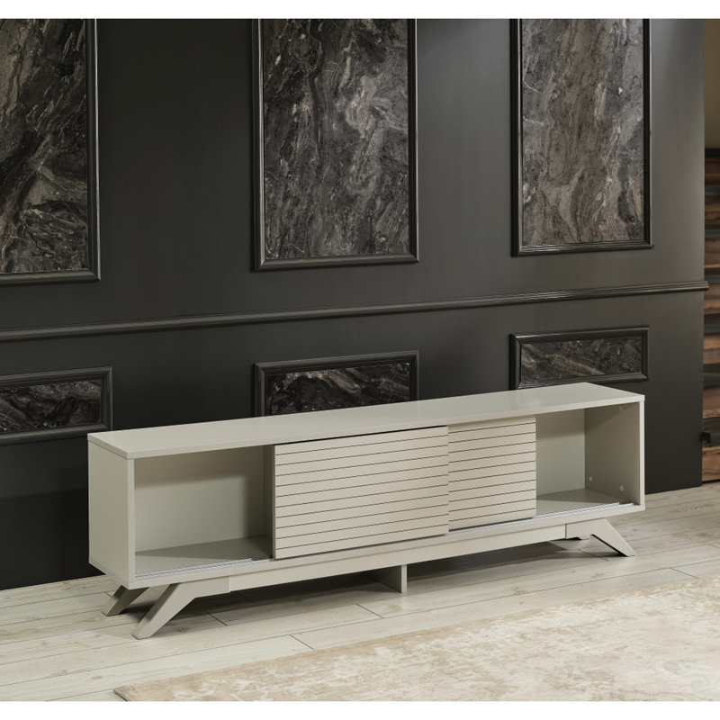 Meuble télé Store Mid Century Modern gris de 67 pouces avec 2 armoires à portes coulissantes et tablettes