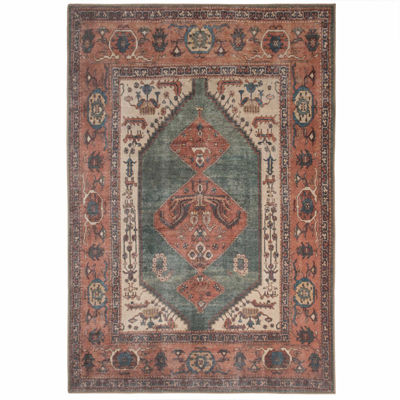 Machine Washable Terracotta Green Traditional Persian Style Distressed Living Room Area Rug, Rectangle 200 x 290cm