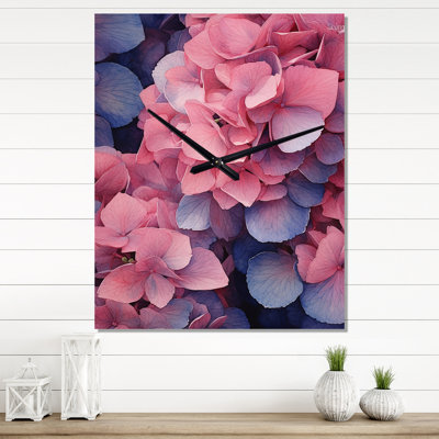 Pink Blue Blooms Of Hydrangea II - Floral Modern Wall Clock