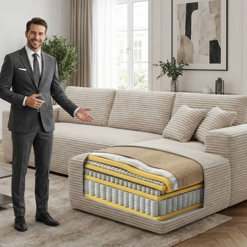 Canapé en L 106,5 po en L 3 po avec repose-pieds et repose-pieds faisant face à droite, Green Fabric, Right Hand Facing