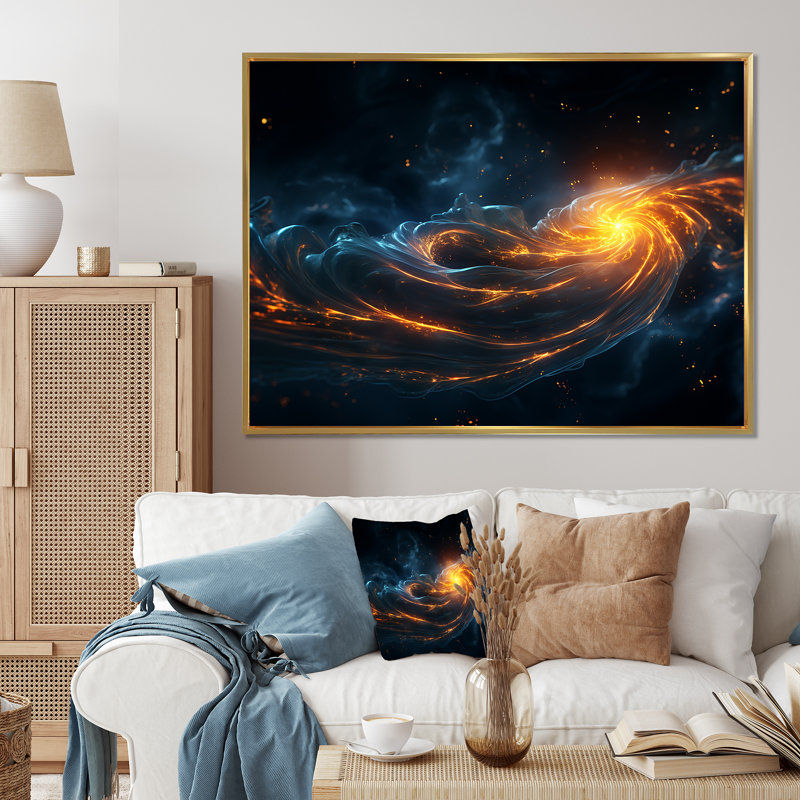 «Blue and Orange Cosmic Nebula II», art mural de la planète espace, Cadre flottant doré, H 34 po x l 44 po x P 1,5 po