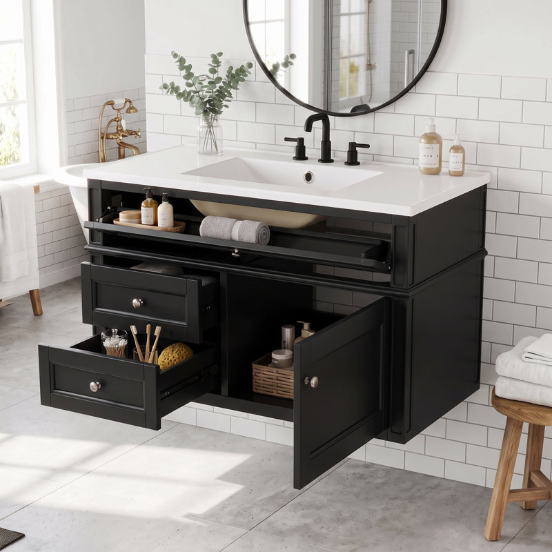 Meuble-lavabo mural en bois aggloméré 36 po à fermeture en douceur intégré avec tiroirs et lavabo simple en céramique à 3 trous 36 po