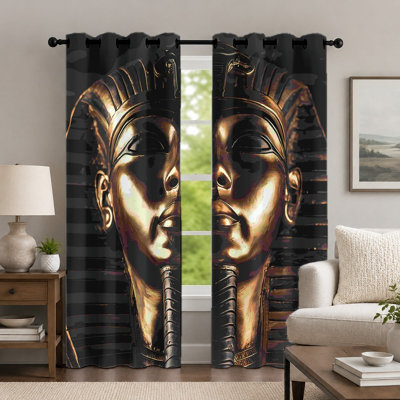 2Pcs Pharaoh Portrait Pattern Curtains, Ancient Egypt Style Curtain, Retro Golden Mask Graphic Printed Art Grommet Drapes, Window Treatment for Bedroom Living Room Decor