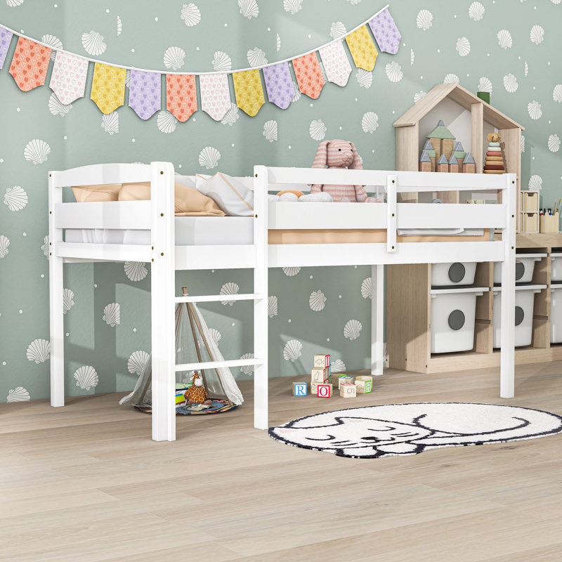 Lit mezzanine simple Eyhab, lit mezzanine bas en bois avec échelle, Blanc