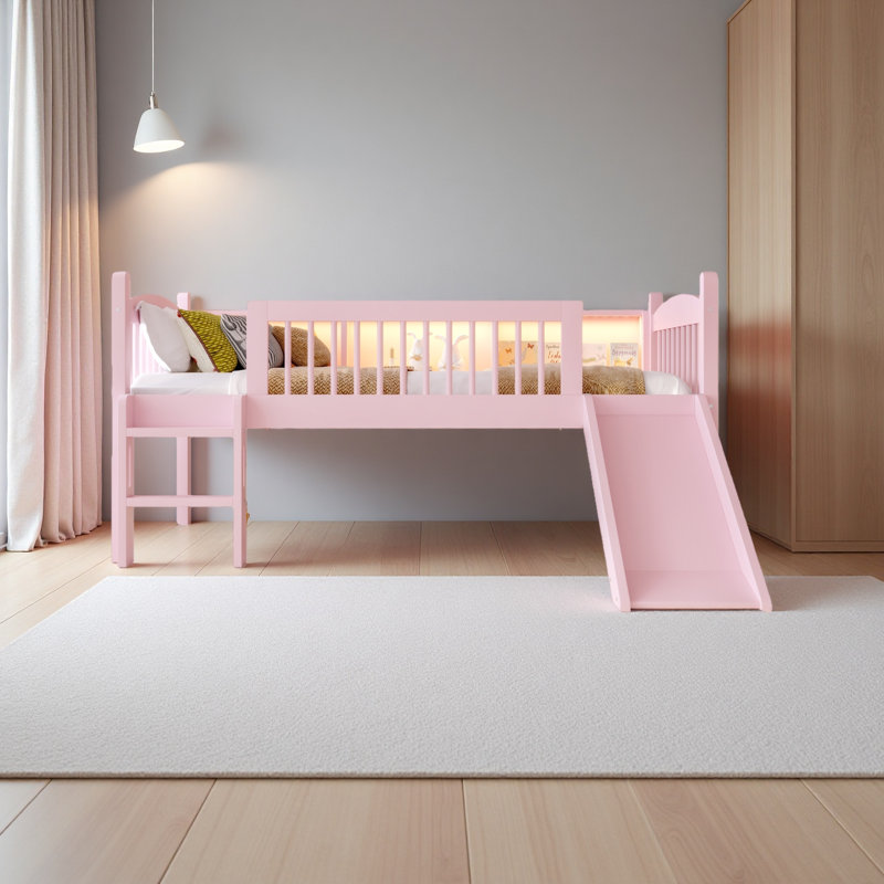 Lit mezzanine avec tablettes de rangement, lit mezzanine inférieur en bois massif avec lumières DEL et garde-corps pleine longueur, aucun sommier nécessaire