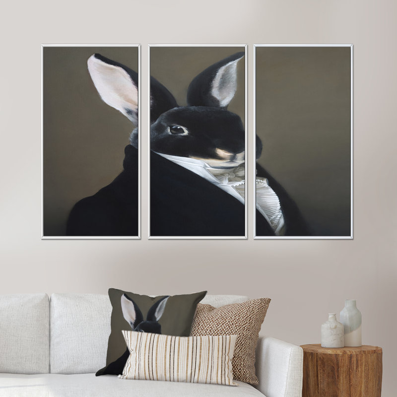 Portrait d'un lapin habillé - ensemble de 3 impressions sur toile à cadre flottant, H 32 po x l 48 po x P 1 po, Cadre blanc
