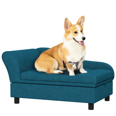 Medium Sized Dog Couch, Elevated With Dark Blue Cushion And Hidden Storage, Offers Comfort Style Bed, Storage Space, Suitable For Small Canines