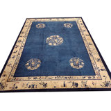 Antique Hand Knotted Pile Wool Blue 1900s Rectangle Rug