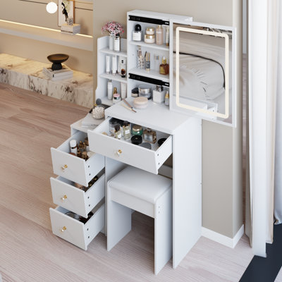 29.2" Small Size Left Bedside Cabinet LED Mirror Vanity Table + Cushioned Stool, Large Sliding, Touch Control, 3-Color Switch, Brightness Adjust Mirror, High Capacity Storage, EPA, GCC, UL Certificate