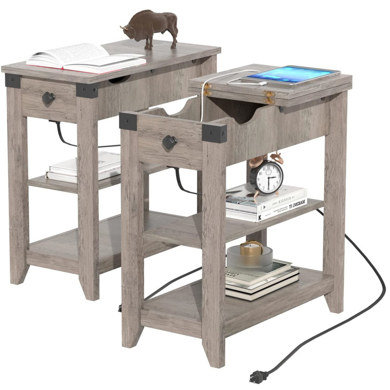 Teyahna End Table Set and Built-In Outlets, Gray, 2