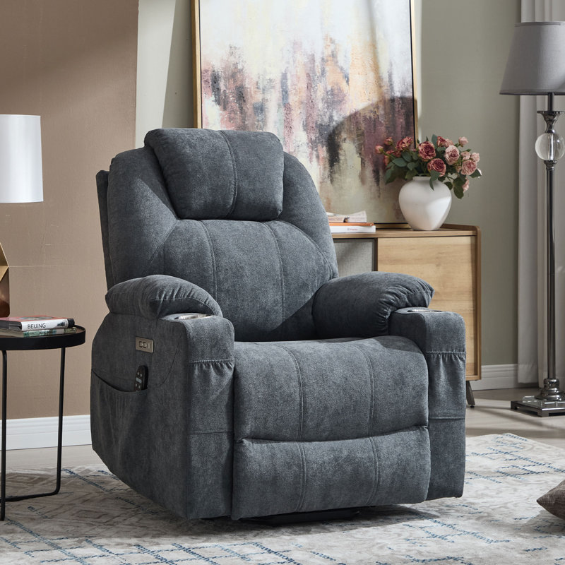 Aura 35" W Power Lift Recliner, Heated Massage, Stainless Steel Cup Holder, Thick Headrest, Gray