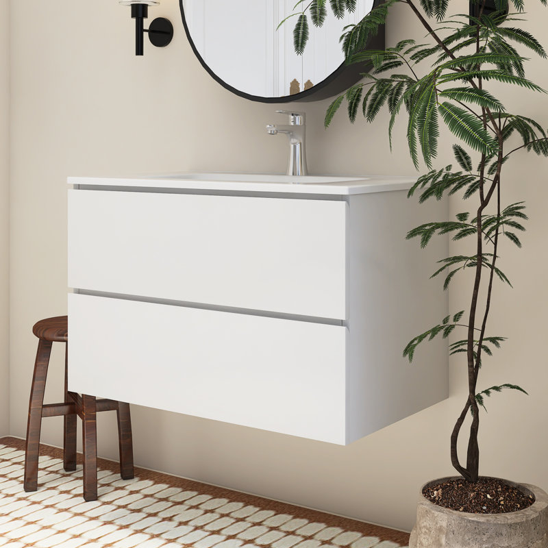 Ensemble de meuble-lavabo mural avec lavabo en céramique, Blanc lustré, 30''