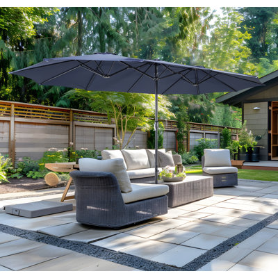 15Ft X 9Ft Patio Double-Sided Umbrella With Base & Crank, Extra Large Rectangular Outdoor Umbrella For Patio, Lawn & Garden