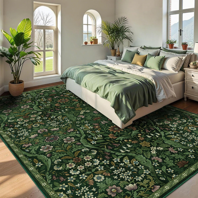Washable Area Rug - Vintage Boho Botanical Low-Pile Rug, Rectangle 9' x 12', Dark Green