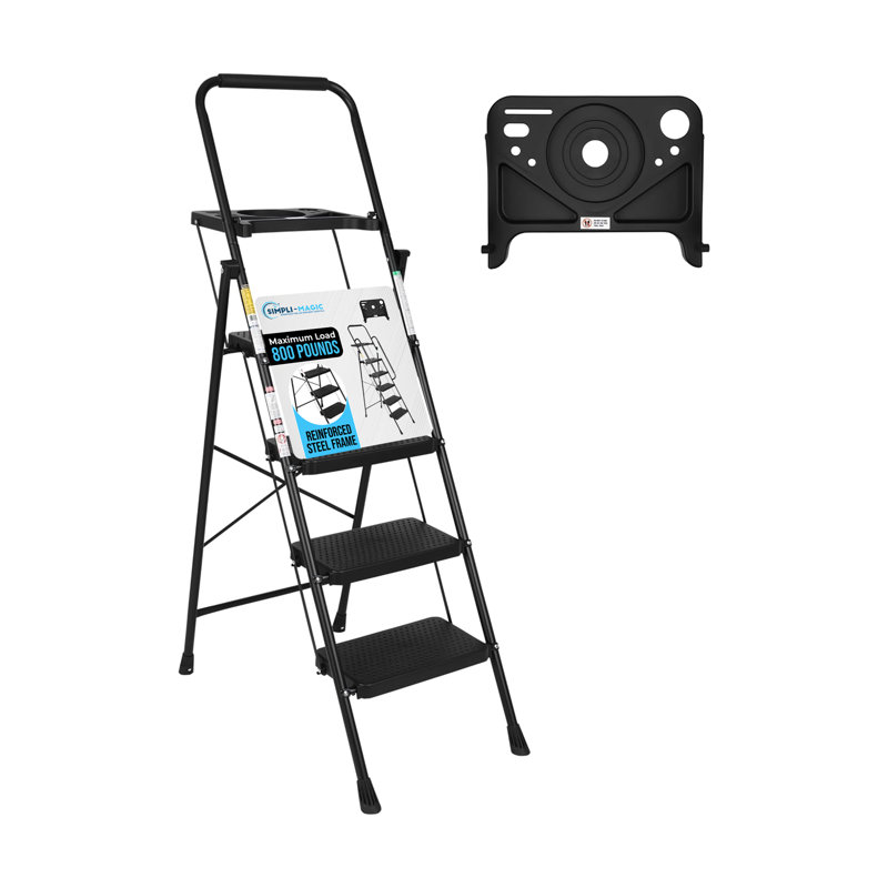 Escabeau robuste à 3 marches, capacité de 363 kg, pliable, certifié ANSI, marches antidérapantes, rampe solide, conception légère et portable en acier pour la maison, le bureau et les commerces, noir