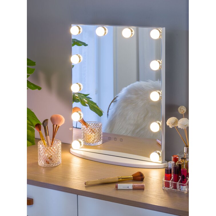  LUXFURNI Vanity Lighted Tri-fold Makeup Mirror with 10  Dimmable LED Bulbs, Touch Control Lights Tabletop Hollywood Cosmetic Mirror  (Rose Gold)