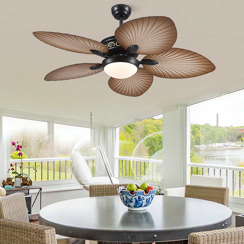 Ventilateur de plafond 44 "/ 52" à feuilles tropicales à intensité variable avec lumières DEL et télécommande, Grain du bois