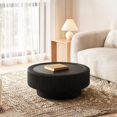 Table basse 31,5 pouces ronde cannelée avec plateau en verre trempé et base en cuir noir élégant