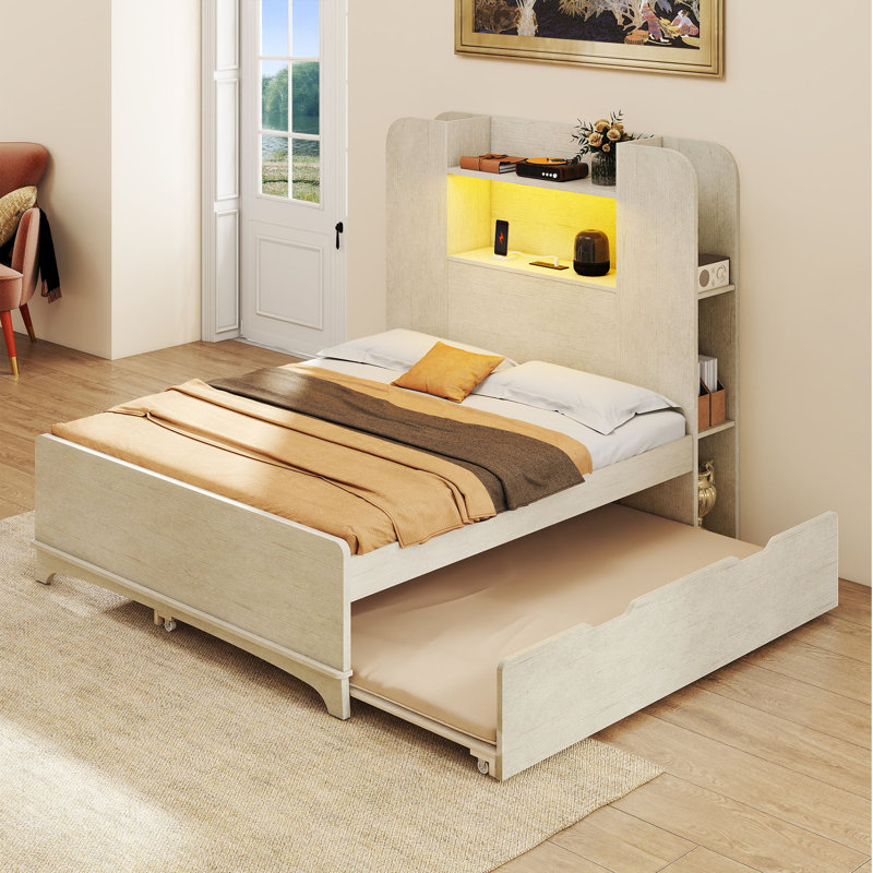 Lit plateforme Balconera avec lit gigogne simple, tête de lit à DEL avec rangement et prises de courant, Simple