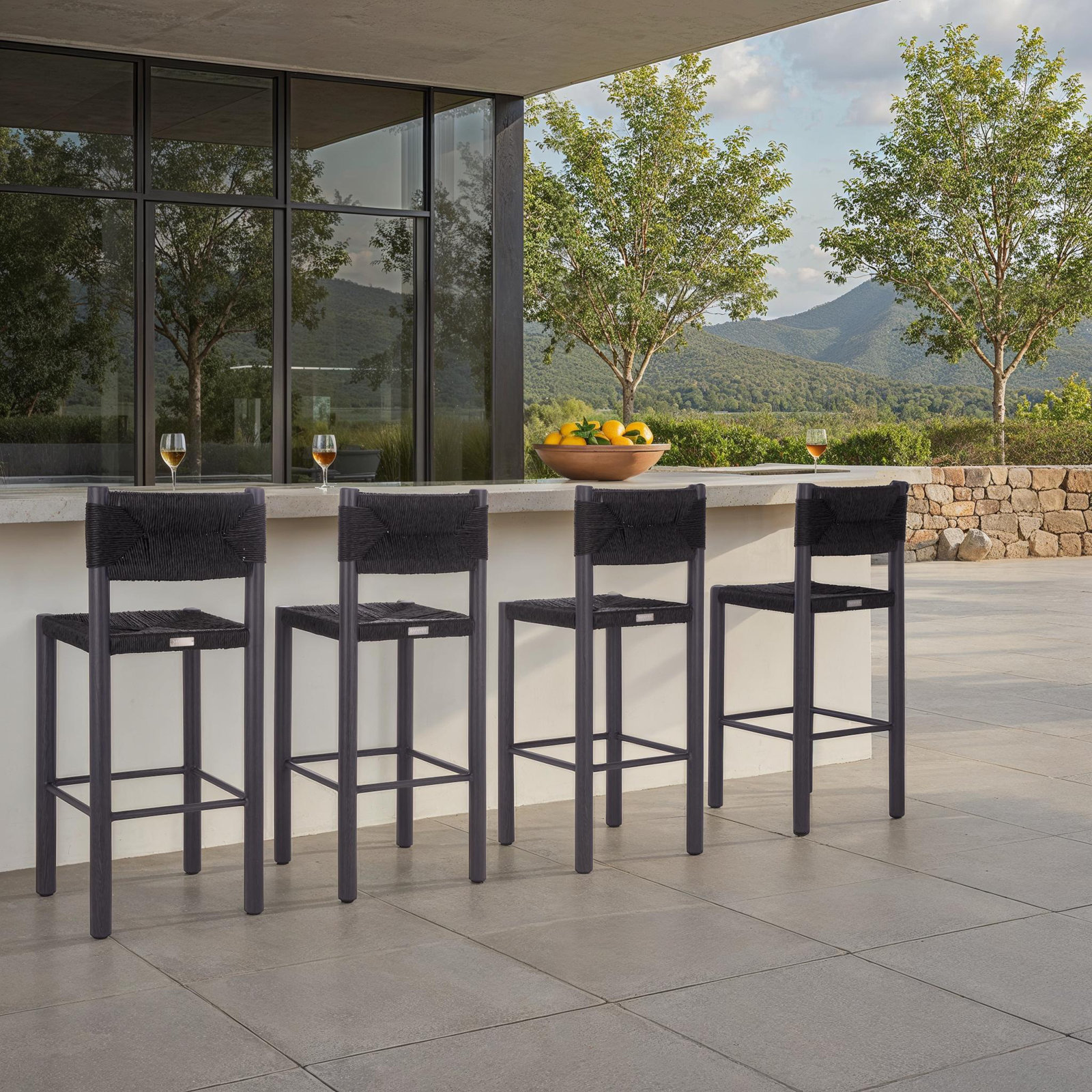 Indie Rattan Weaving Outdoor Barstool, Black