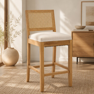 Tabouret de bar en bois massif avec dossier en rotin, coussin en lin mat garni de mousse haute résilience et de ressorts en S, idéal pour un îlot de cuisine de style rustique/naturel, un bar bas dans une salle à manger ou un café, ensemble de 2, beige