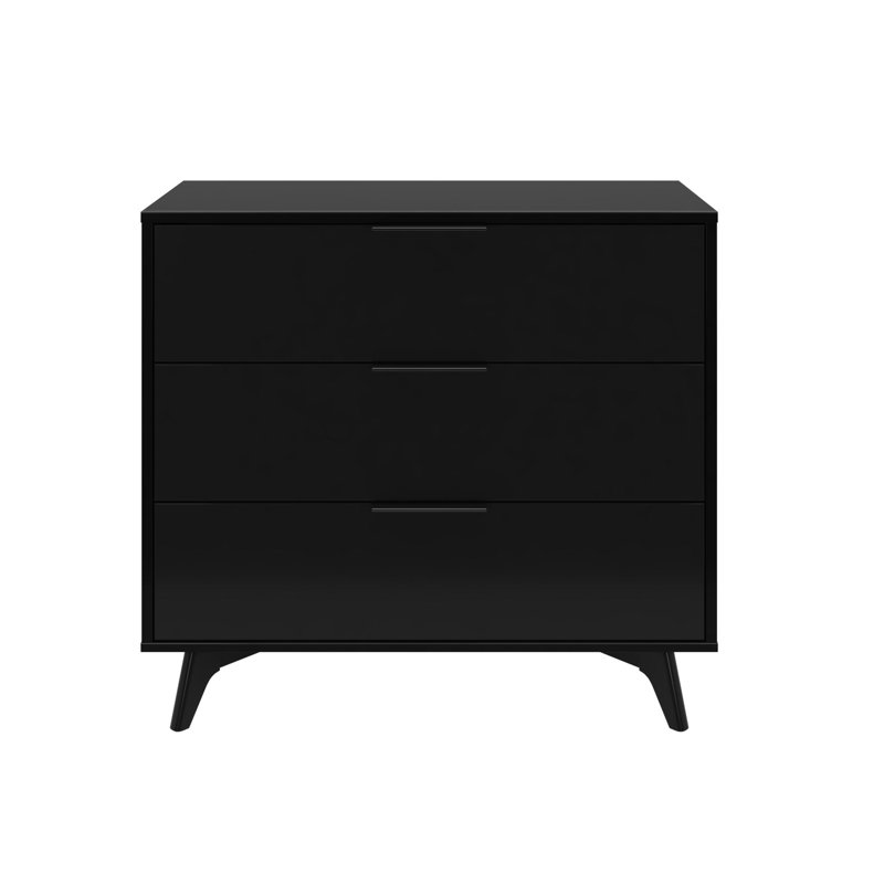 3 Drawer 37" W Solid Wood Dresser with Metal Pulls, Black