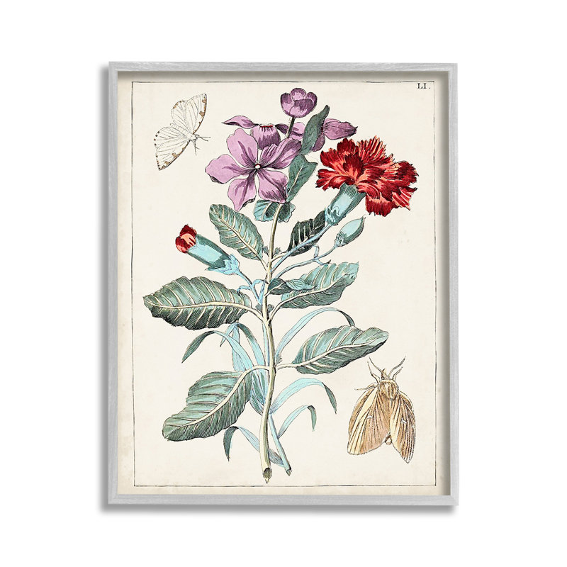 Papillons rétro avec fleurs et giclée, Giclée encadrée noir minuit, H 14 po x l 11 po