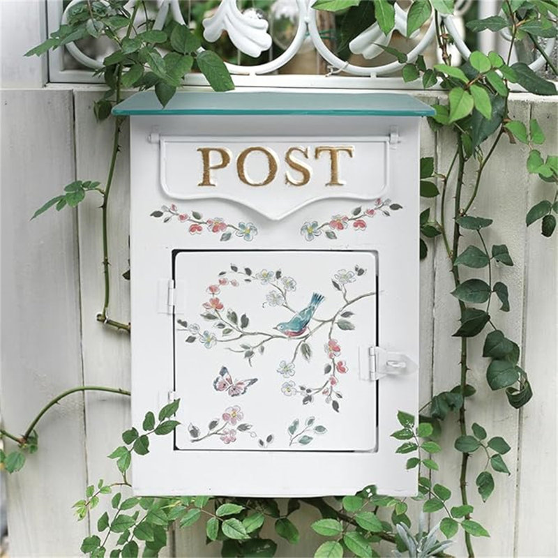 White Floral Metal Lockable Wall Mount Mailbox