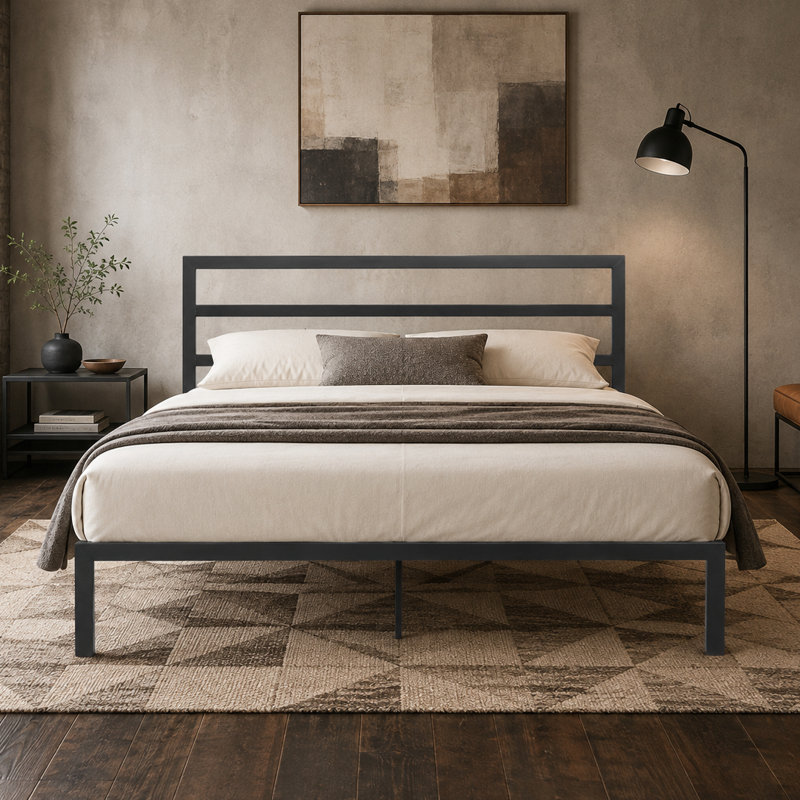Ellersick Minimalist Design Metal Platform Bed, Queen Size, Charcoal Gray